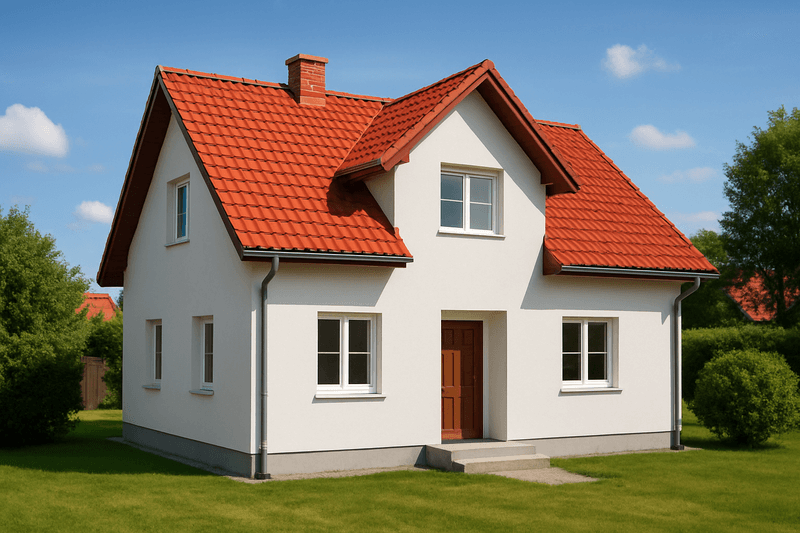 czerwony dach i biała elewacja