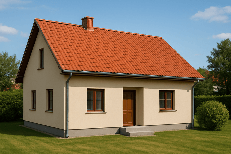 czerwony dach i beżowa elewacja