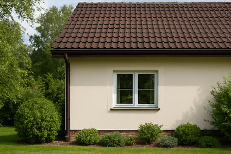 brązowy dach z jasną elewacją