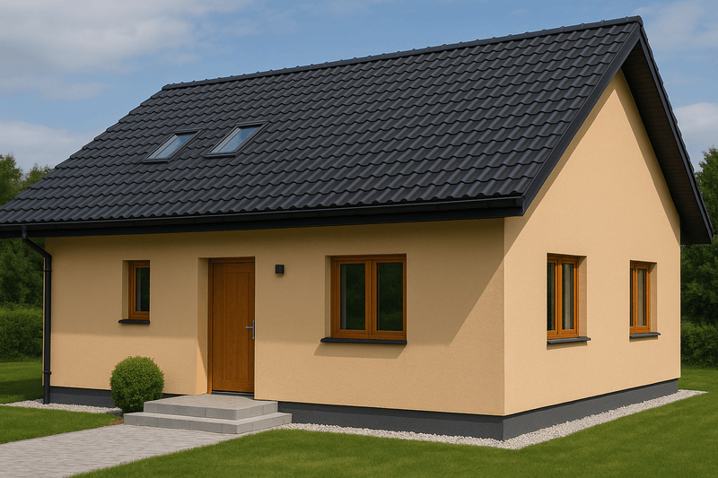 grafitowy dach, okna złoty dąb, beżowa elewacja