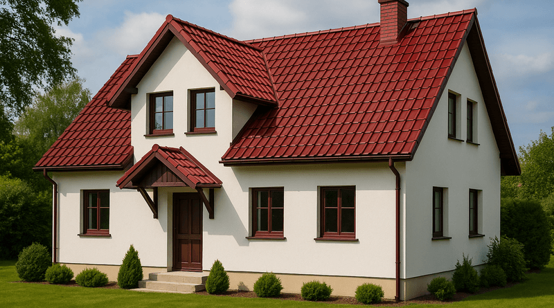 wiśniowy dach jasna elewacja