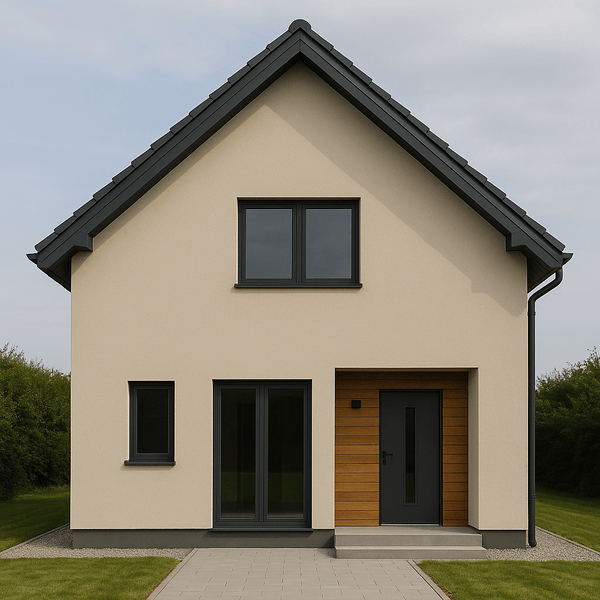 dach i okna antracyt beżowa elewacja