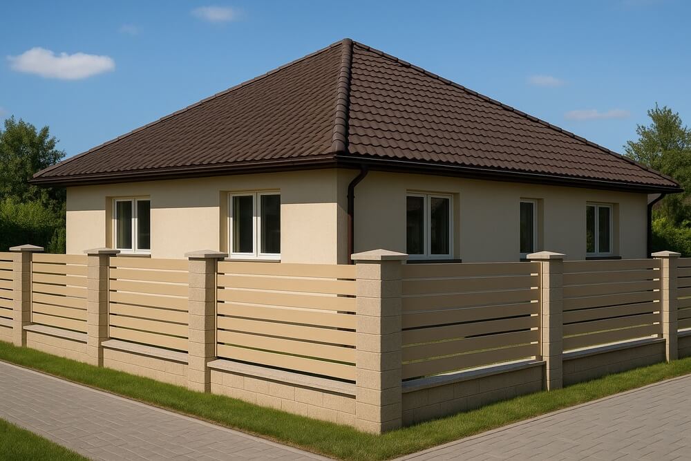 beżowe ogrodzenie do brązowego dachu