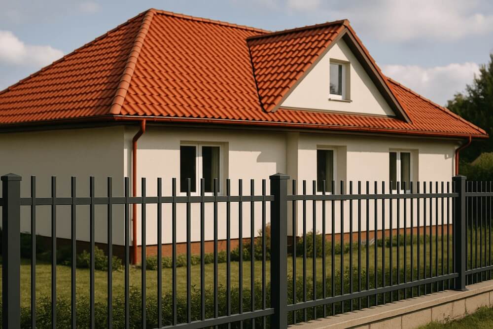 czerwony dach i czarne ogrodzenie