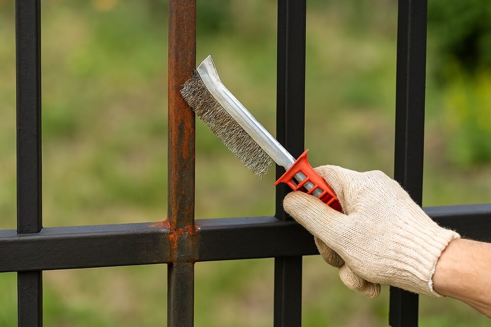 czyszczenie ogrodzenia z rdzy drucianą szczotką