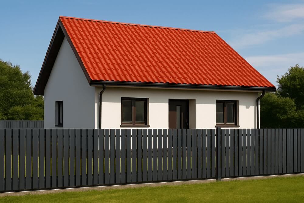 ogrodzenie dobrane do czerwonego dachu i otoczenia