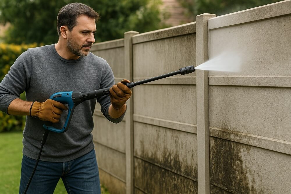 czyszczenie płotu przed malowaniem z ciężkich zabrudzeń za pomocą myjki ciśnieniowej